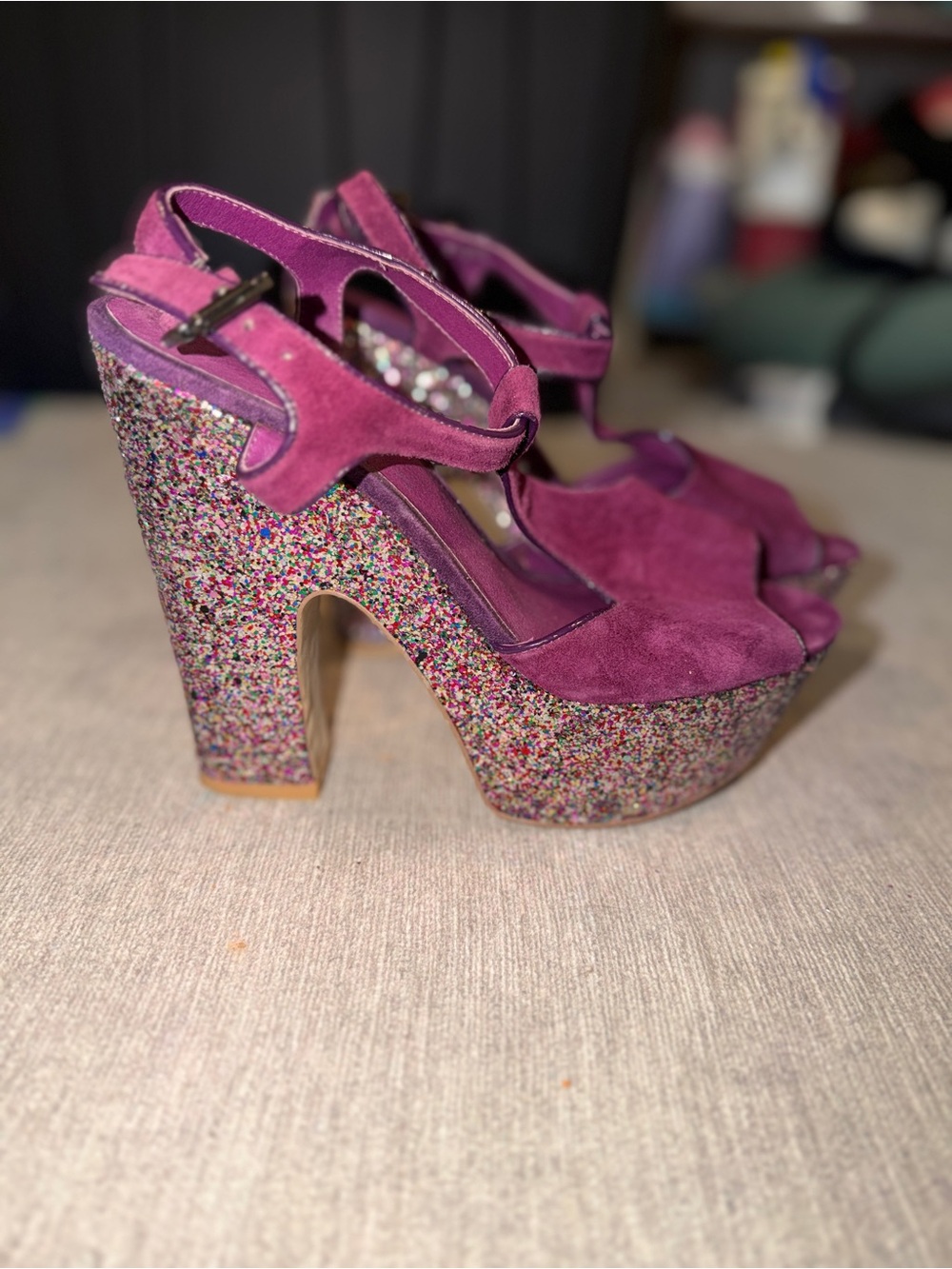 ALDO Women's Purple Suede Platform Sandals with Glitter Heel